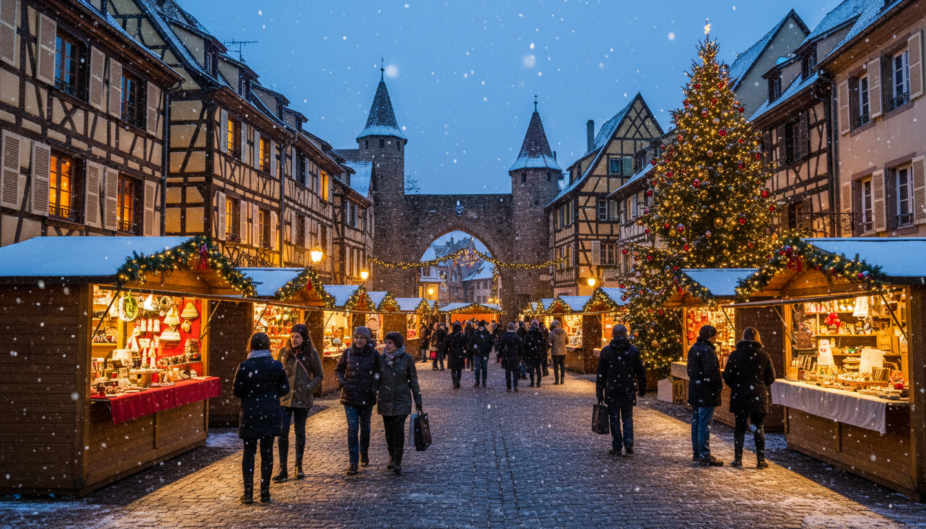 plongez dans l'ambiance féerique de noël à riquewihr, un village alsacien chargé de charme et d'histoire, où marchés de noël, décorations scintillantes et traditions authentiques vous émerveilleront.
